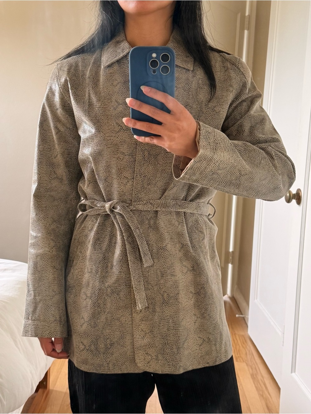 Vintage Leather Snake Skin Print Belted Jacket
